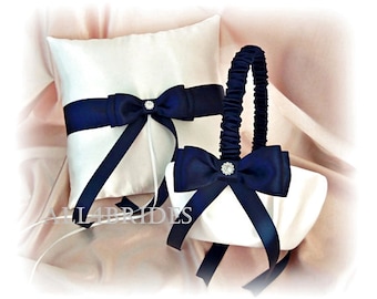 Navy Blue Wedding Decorations Pillow and Basket Set Flower Girl Basket and Ring Bearer Pillow