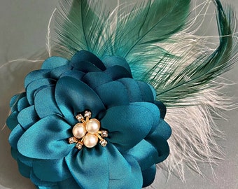 Peacock Blue Flower Hair Clip: Teal Feather Fascinator
