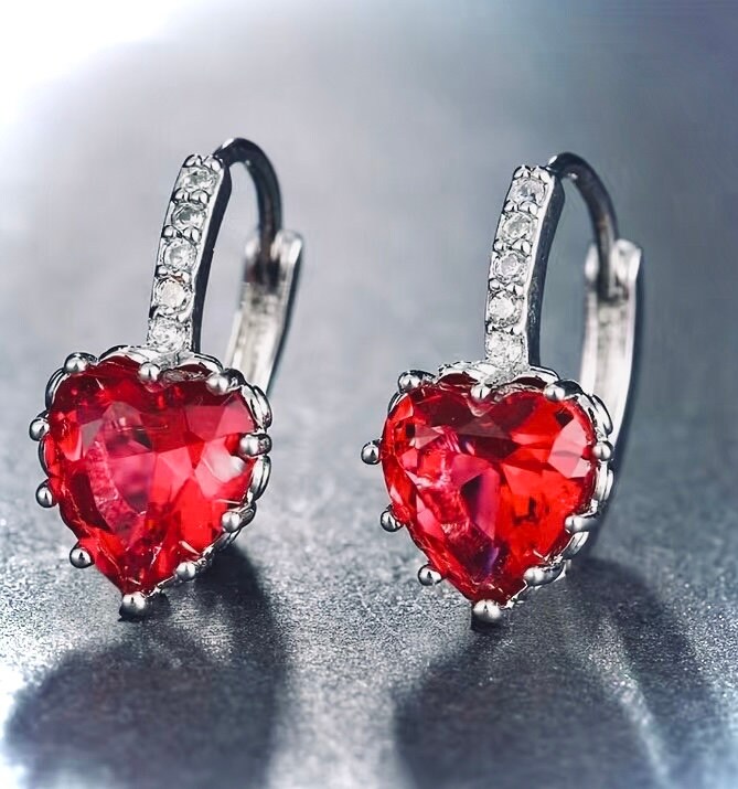 Red heart crystal earrings, Valentine's earrings, wedding bridal or bridesmaids earrings