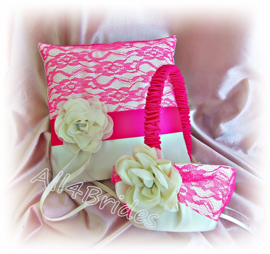 Flower Girl Basket and Ring Pillow Hot Pink Lace Wedding Pillow and