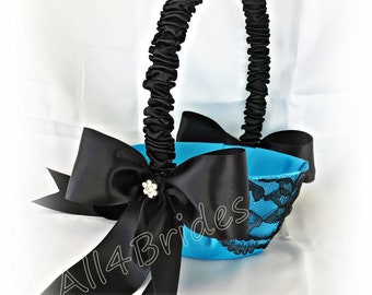 Wedding basket, turquoise and black lace flower girl basket.