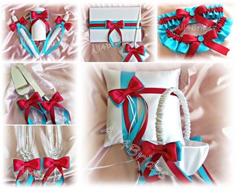 Turquoise and Red Wedding basket, pillow, garter set, guest book, unity candle set, cake cutting  knife set and champagne glasses