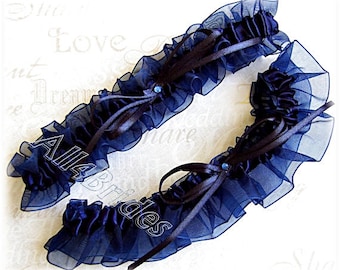 Navy blue wedding bridal leg garter set.