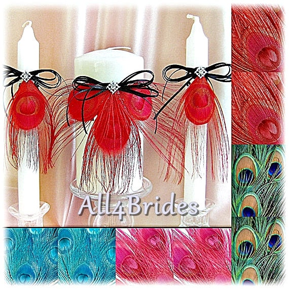Peacock Wedding Unity Candle Set Red Turquoise Pink Or Natural Peacock Feathers Peacock Wedding Decorations