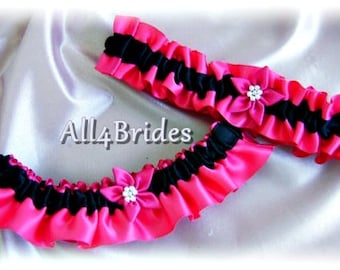 Fuchsia Pink  and Black Bridal Garters, Weddings Bridal Accessories, Prom Garters, Leg Garter Set