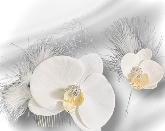 Orchid hair comb and boutonniere set, bridal white orchid hair clip and groom boutonniere set.