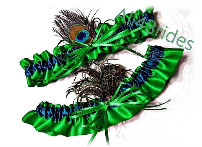 Peacock Wedding Garter Green and Teal Bridal Peacock Feather Leg Garters Peacock Wedding Garter Belt Set. image 1