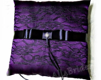 Purple and black lace wedding ring bearer pillow.  Wedding ring cushion in purple and black.