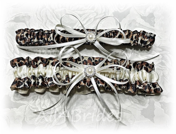 Leopard Cheetah print wedding bridal leg garters, animal print leg garter set