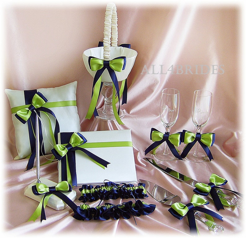 Navy Blue and Green Wedding Basket and Pillow Wedding Decorations ring bearer pillow and flower girl basket set.