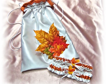 Burnt orange Fall leaves wedding bridal garters and drawstring bag.  Wedding money dance bag and leg garters.