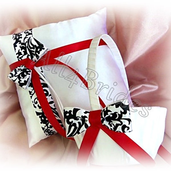 Damask print and red wedding ring bearer pillow and flower girl basket, wedding ring cushion and basket set.