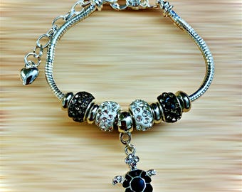 Turtle Charm Bracelet, Silver Plated, Enamel and crystals Sea Turtle