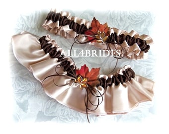 Wedding Fall leaves bridal leg garters, champagne and chocolate brown