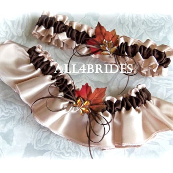 Wedding Fall leaves bridal leg garters, champagne and chocolate brown