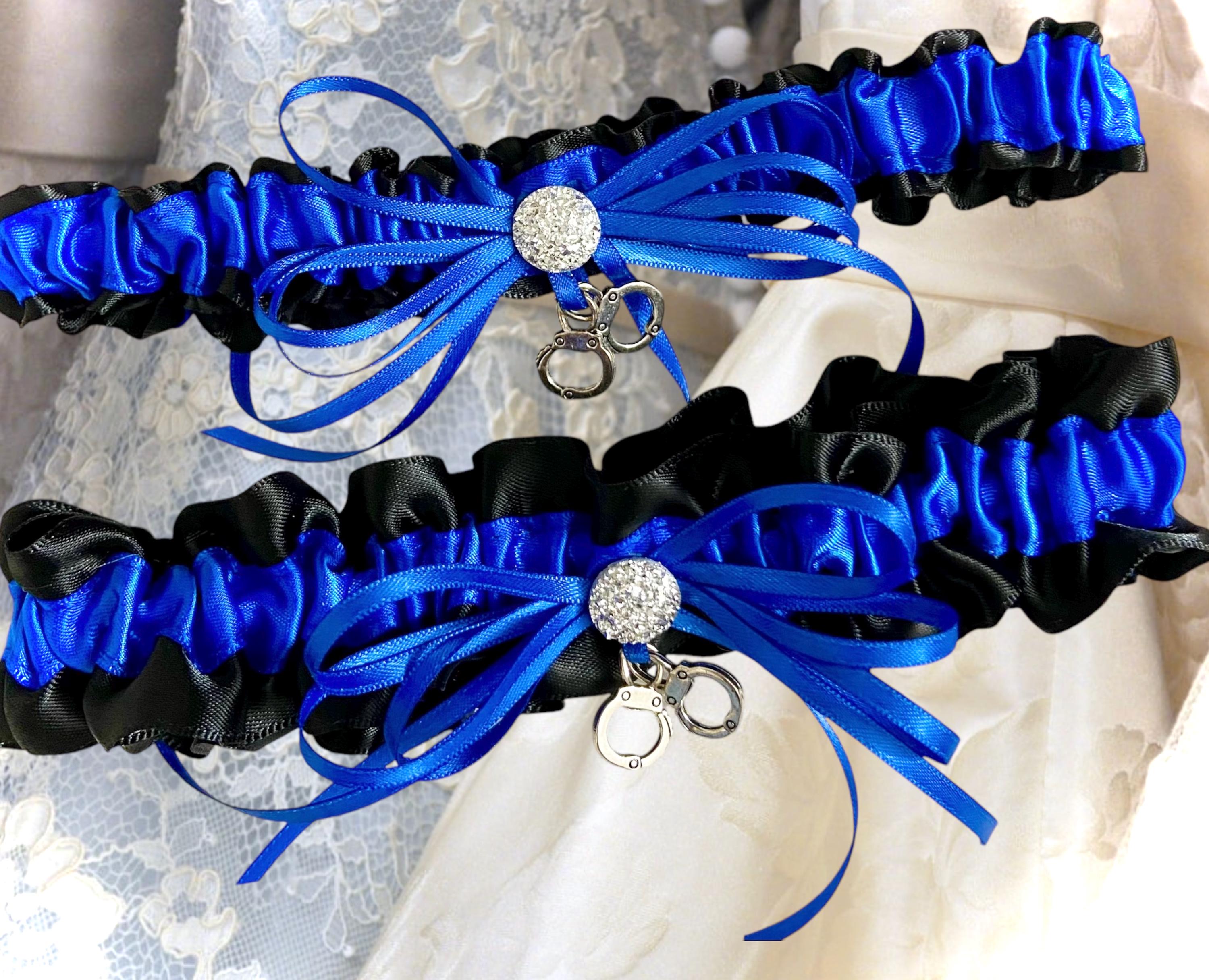 Royal blue and Black police wedding bridal garter set with handcuff charms. Thin-Blue Line police wife garters