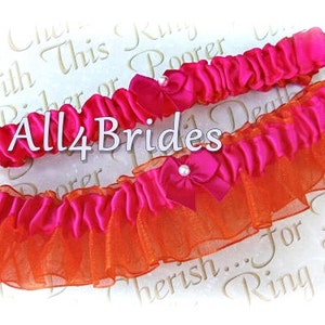 Orange and hot pink bridal leg garters, wedding garter set