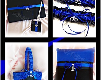 Blue line wedding handcuff charm leg garters, ring pillow, flower girl basket, guest book and pen set, royal blue and black.