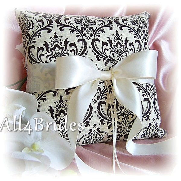 Wedding pillow, brown and Cream madison damask wedding ring bearer pillow, wedding ring cushion