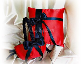 Red and black wedding ring pillow and flower girl basket, wedding ring bearer cushion and basket set.