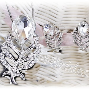 Peacock wedding bridal crystal earrings and necklace, crystal peacock feather jewelry