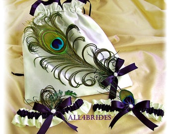 Peacock wedding garter, bridal leg garter set and drawstring bag, Lapis Deep Purple, Wedding money dance bag and garter belt set.