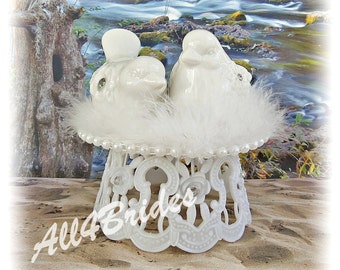 Bird couple cake topper, wedding cake topper, white birds and feathers.