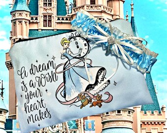Cinderella Wedding Garter & Cosmetics Bag Set: Blue Crystal Shoe Charm