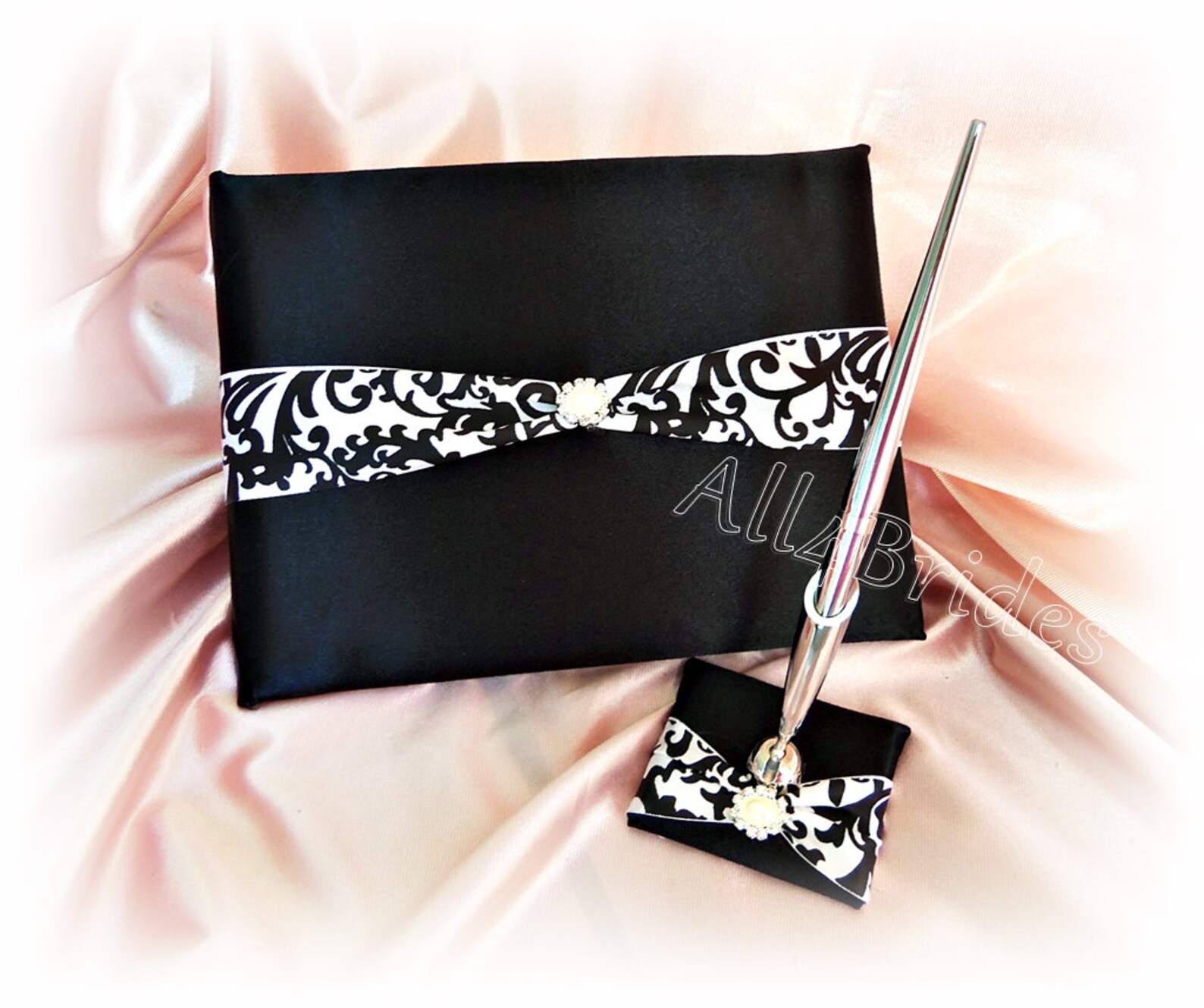 Damask Print Wedding Guest Book and Pen Set Black and White Etsy