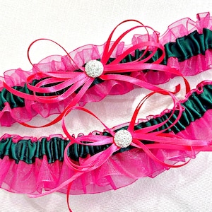 Wedding bridal leg garter set fuchsia pink and dark green