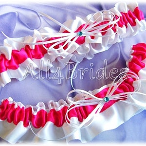 Wedding Bridal Garters Hot Pink Fuchsiat, Blue Rhineston Accent, Something Blue