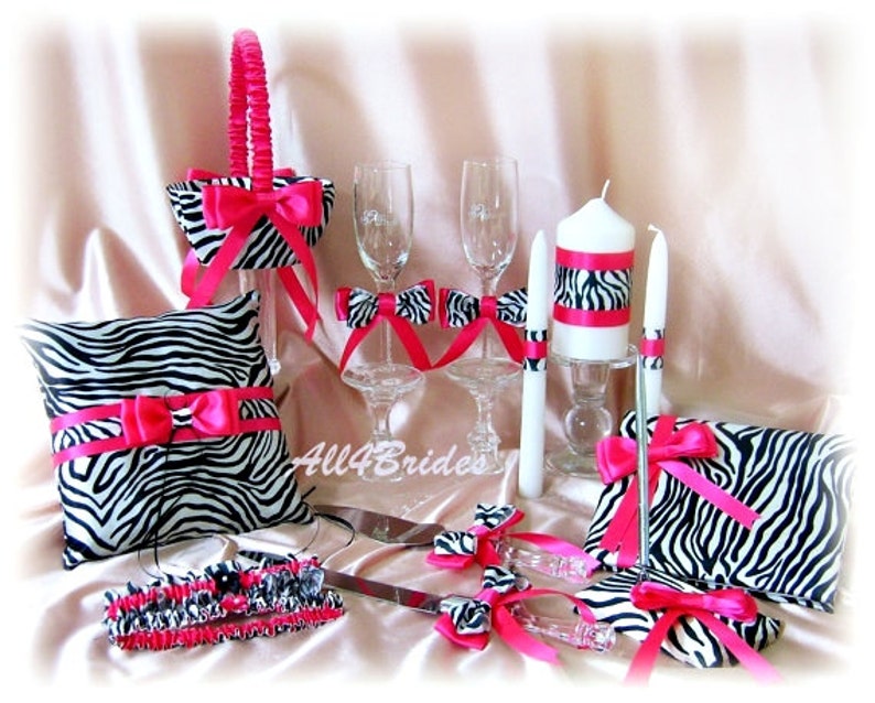 Guest Book Flutes 14pc Set  Zebra and Hot Pink Unity Candle Cake Set Flower Girl Basket Leg Garter Set Zebra Wedding Ring Pillow