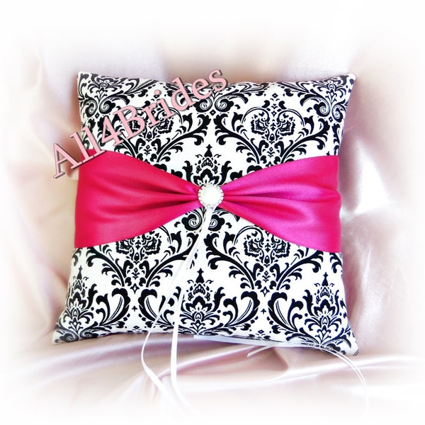 Damask print wedding ring cushion, fuchsia pink Madison damask print ring bearer pillow.