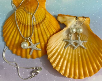 Starfish Necklace and Earrings Set, Beach Wedding Pearl Jewelry