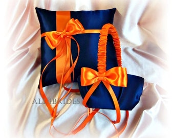 Wedding flower girl basket and ring bearer pillow navy blue and orange