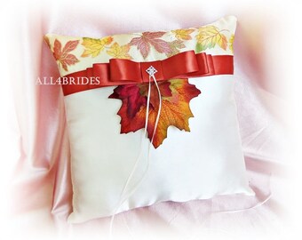 Ring bearer pillow, Fall leaves wedding pillow.  Burnt orange and persimmon wedding ring cushion