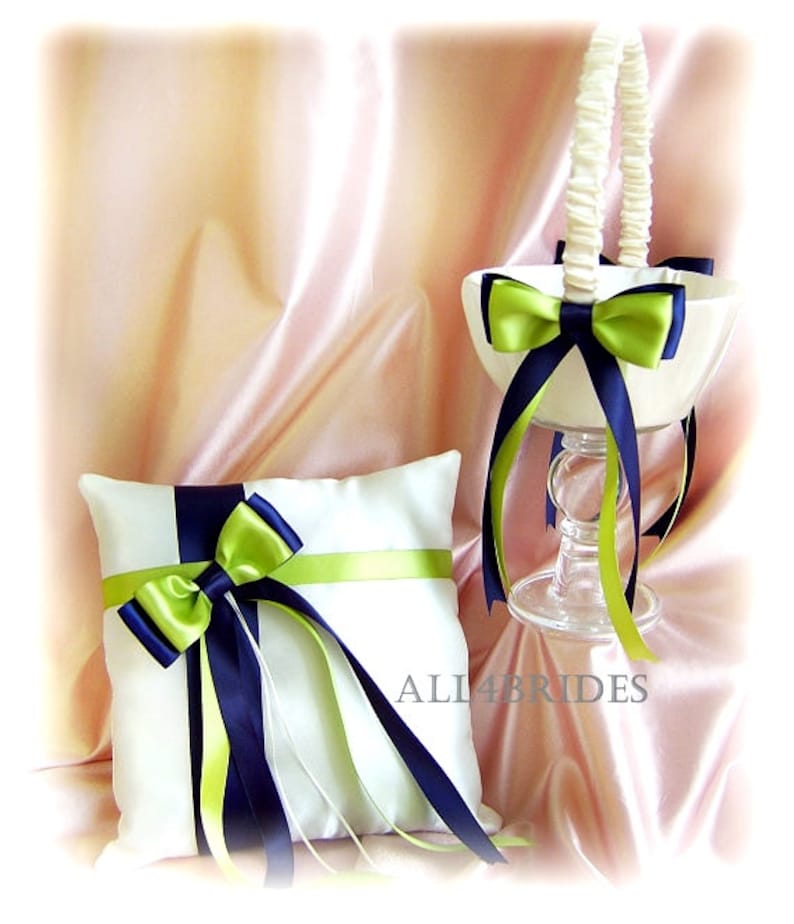 Navy Blue and Green Wedding Basket and Pillow Wedding Decorations ring bearer pillow and flower girl basket set.