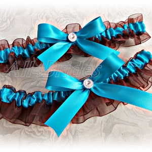 Wedding garter set, bridal garters in chocolate brown and turquoise.