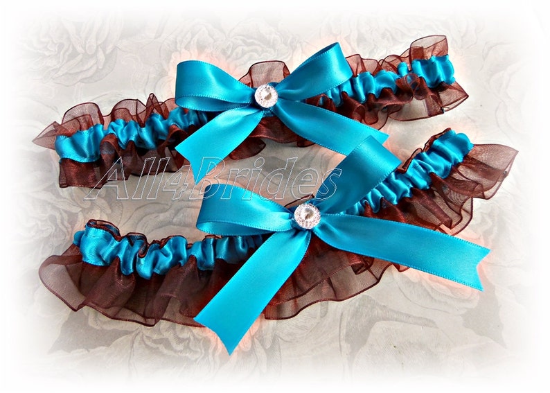 bridal garters in chocolate brown and turquoise. Wedding garter set