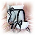 Black and white damask print wedding ring pillow and flower girl basket