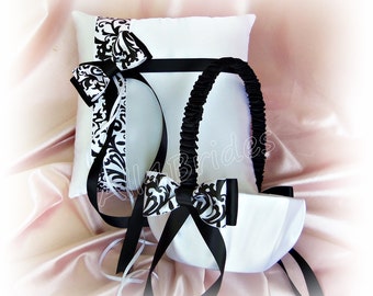 Black and white damask print wedding ring pillow and flower girl basket