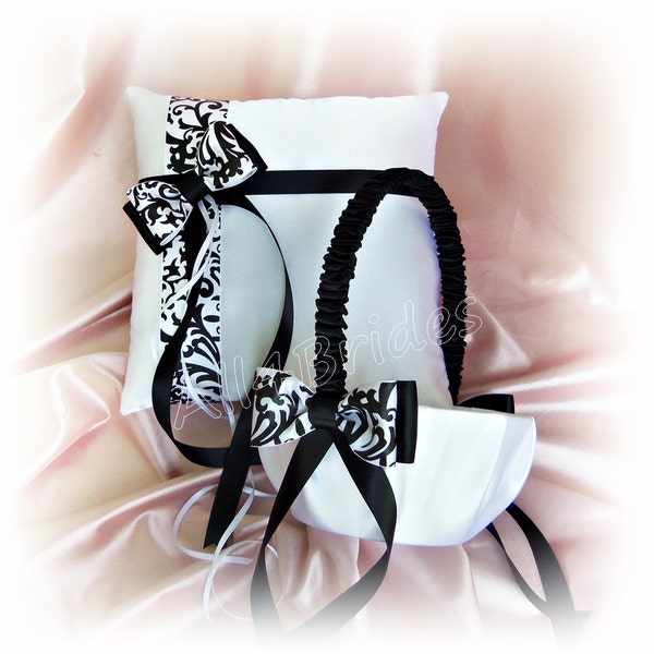 Black and white damask print wedding ring pillow and flower girl basket