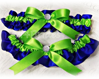 Cobalt Blue and Lime Green wedding bridal leg garter set, Peacock Blue and Green bridal wedding garters something blue garters.