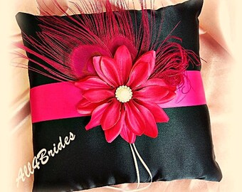 Peacock wedding pillow, ring bearer pillow black and fuchsia pink, peacock feather wedding accessories