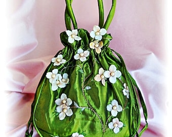 Drawstring bag, green and ivory bridal bag, wedding money dance bag.