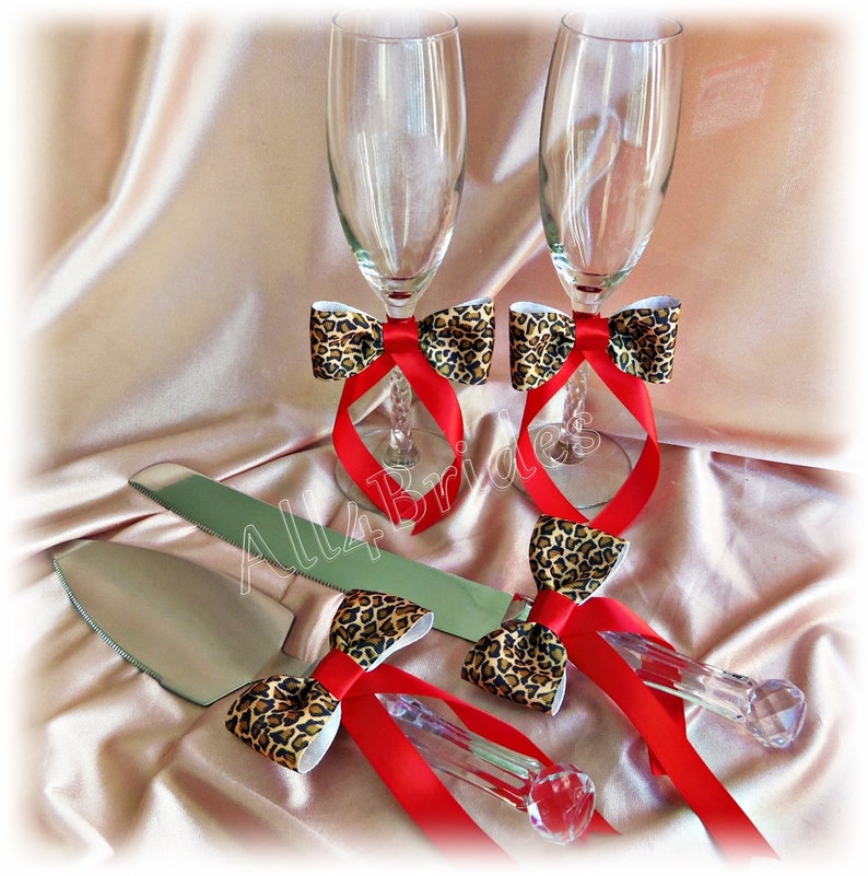 Leopard Print Wedding Champagne Glasses And Cake Cutting Set Etsy