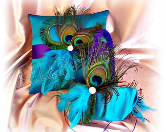 Peacock Wedding ring pillow and flower girl basket in regency purple and turquoise