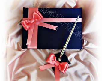 Navy blue and Coral wedding guest book and pen set.  Wedding decorations.