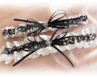 Black and white damask bridal leg garter set, wedding leg garters.