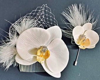 Peine de pelo de orquídea y juego de boutonniere, clip de pelo de orquídea blanca nupcial y juego de boutonniere de novio.